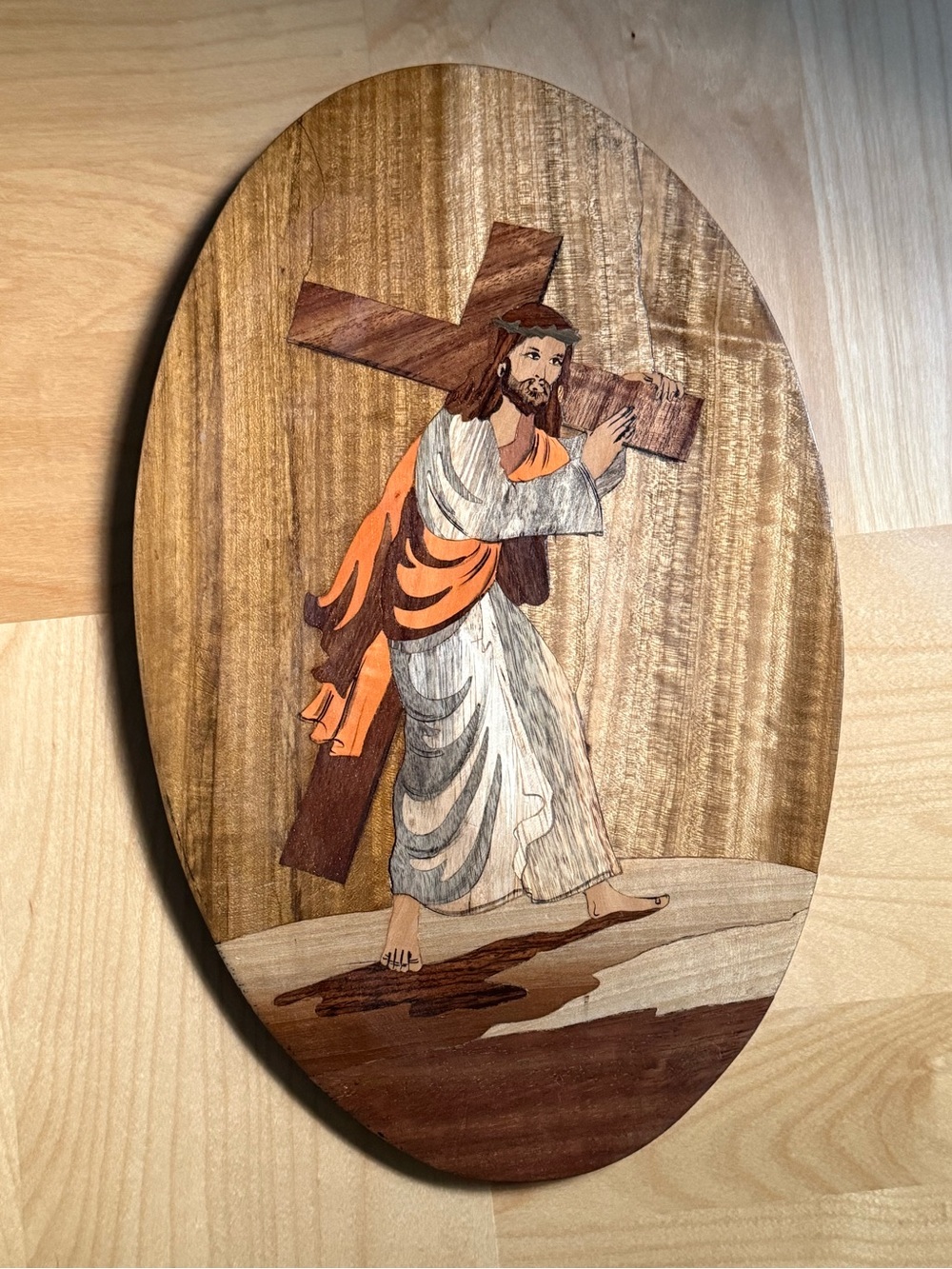 Via Dolorosa Handmade Wood Inlay 14.5" Jesus Christ Carrying Cross Wall Plaque